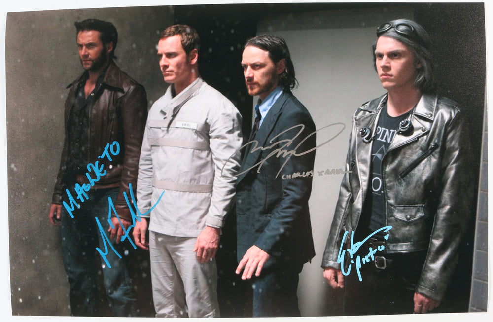 Michael Fassbender as Magneto, James McAvoy as Professor Charles Xavier, & Evan Peters as Pietro / Quicksilver in X-Men: Days of Future Past Signed 11x17 Photo with Character Names