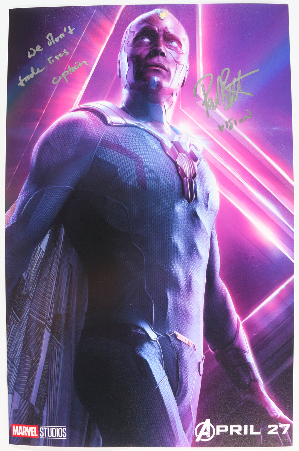 Paul Bettany as Vision in Avengers: Infinity War Signed 11x17 Photo with Character Name & Quote