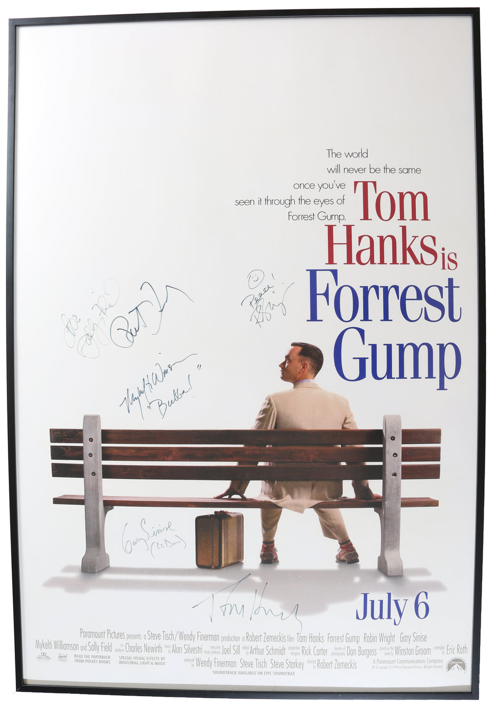 Forrest Gump Framed 27x40 Poster Signed by Director: Robert Zemekis & Actors: Sally Field, Robin Wright, Mykelti Williamson, Gary Sinise, & Tom Hanks