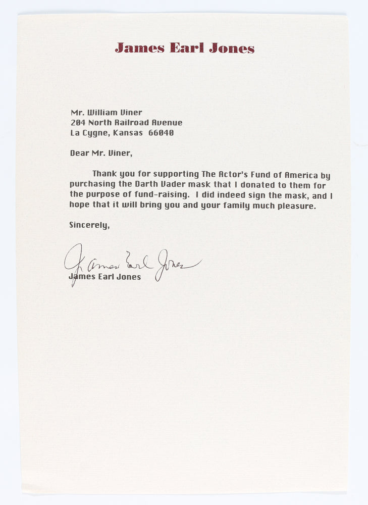 
                  
                    Darth Vader from Star Wars Full Size Prop Replica Helmet Signed by James Earl Jones with Rare 'Voice of Lord Vader' Character Name & MTFBWY Quote + Letter of Provenance Signed by JEJ
                  
                