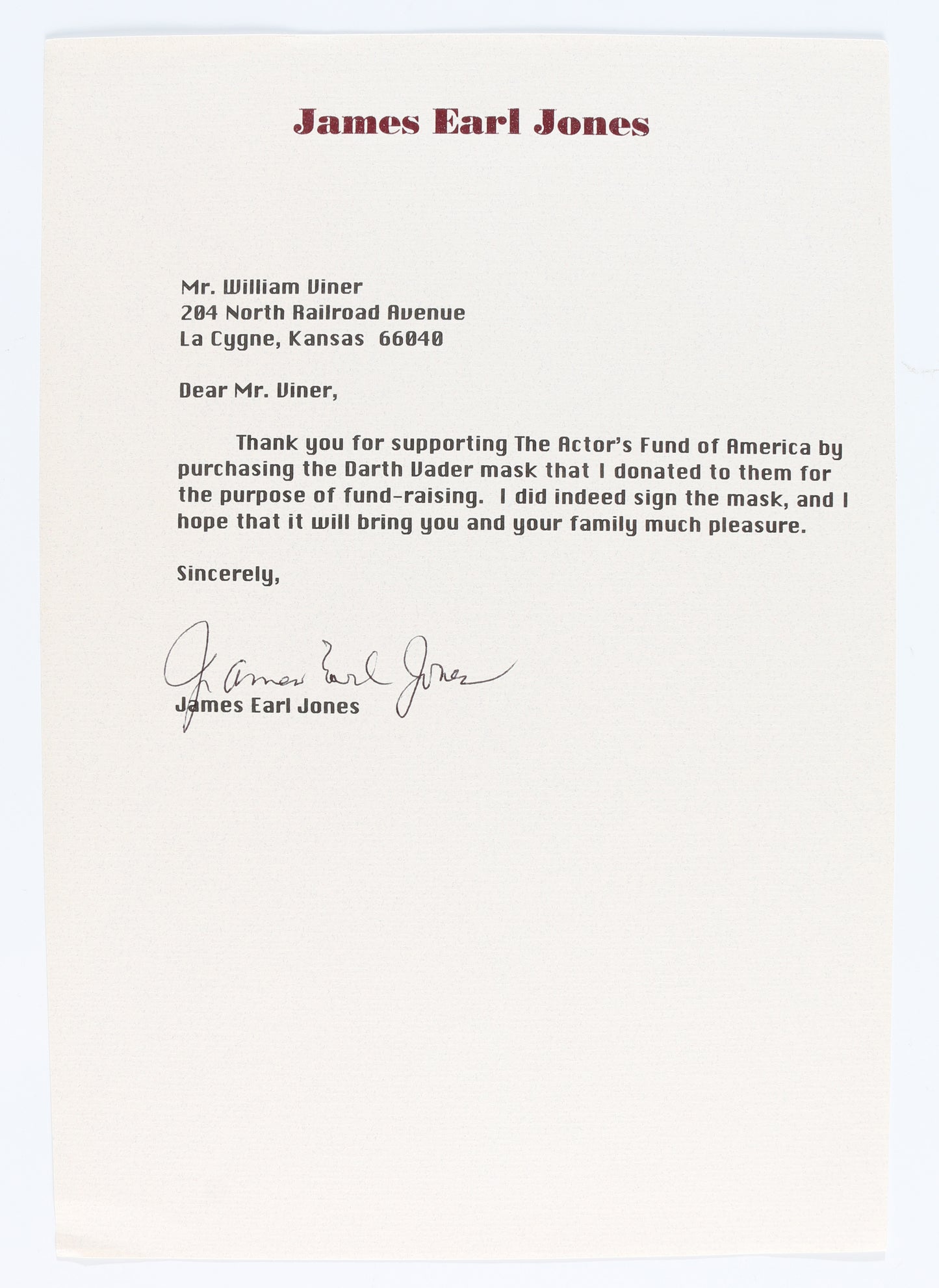 
                  
                    Darth Vader from Star Wars Full Size Prop Replica Helmet Signed by James Earl Jones with Rare 'Voice of Lord Vader' Character Name & MTFBWY Quote + Letter of Provenance Signed by JEJ
                  
                