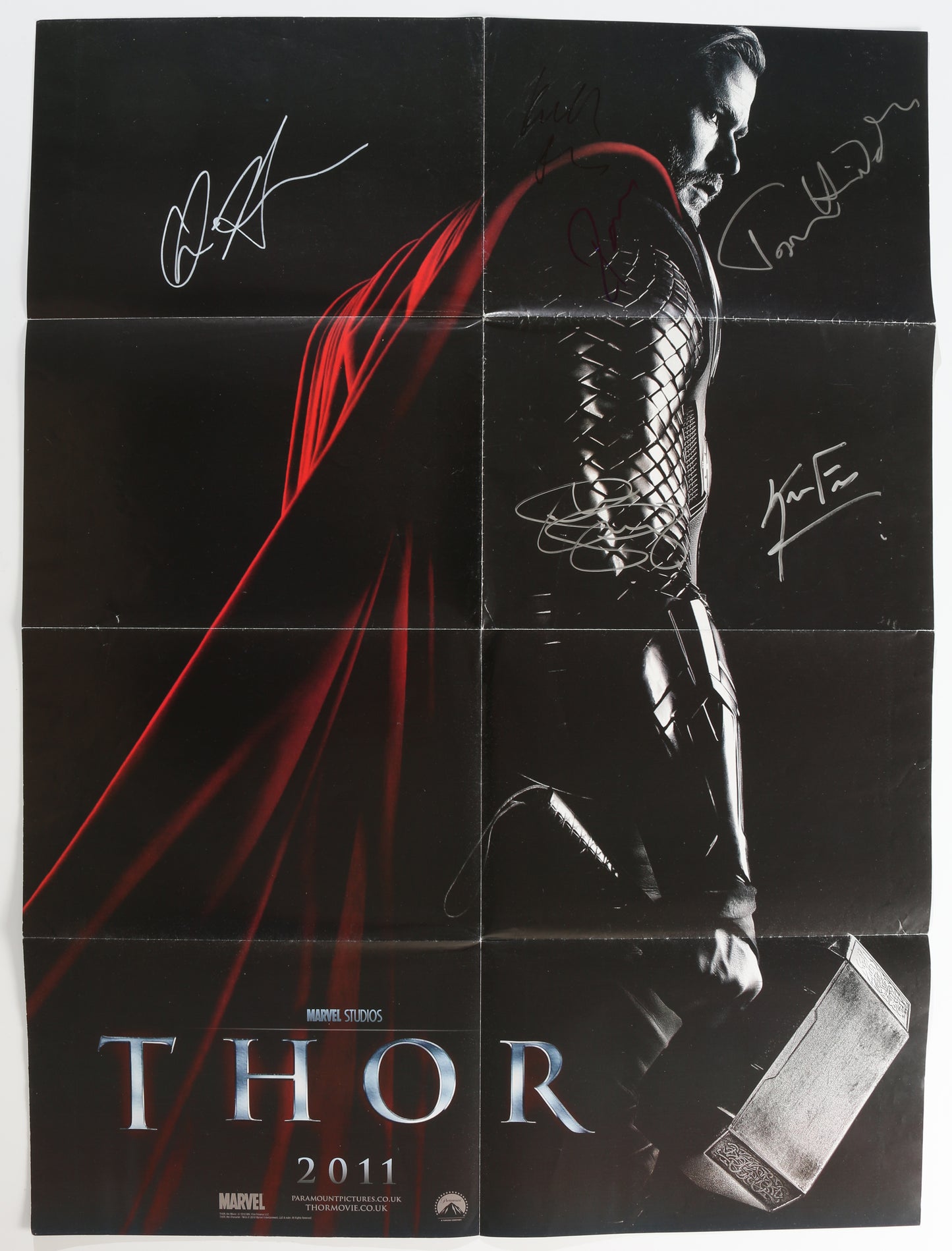 
                  
                    Thor 22x30 Folded Poster Cast Signed by Chris Hemsworth, Tom Hiddleston, Idris Elba, Kenneth Branagh, Stellan Skarsgard, & Kevin Feige
                  
                