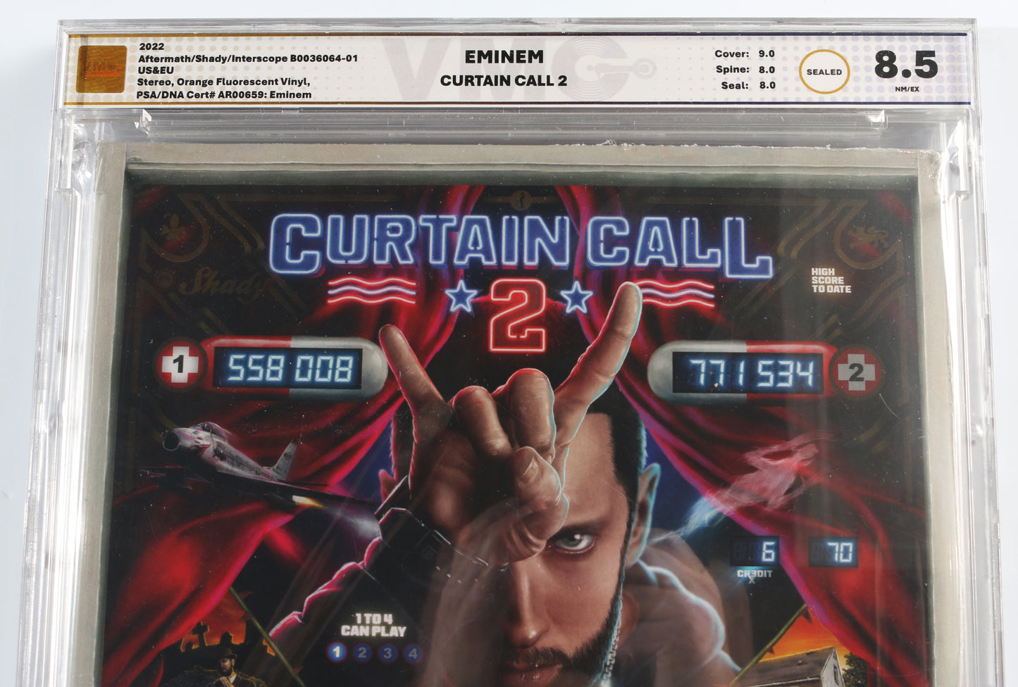 
                  
                    Curtain Call 2 12" Orange Fluorescent [Sealed] Vinyl Record (SWAU / PSA / VMG Encapsulated 8.5) Signed by Eminem
                  
                