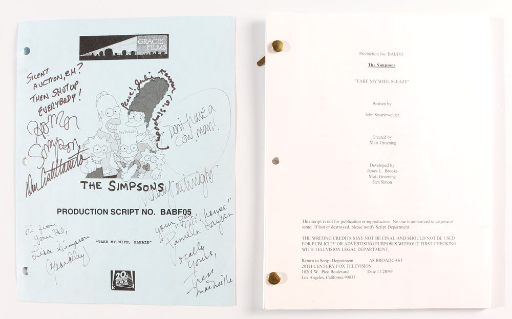 The Simpsons 'Take My Wife, Sleaze' Original Production Script Cast Signed by Dan Castellaneta, Nancy Cartwright, Julie Kavner, Yeardley Smith, Pamela Hayden, & Tress MacNeille
