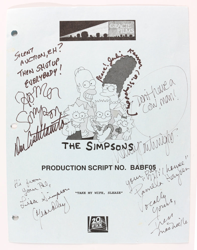 
                  
                    The Simpsons 'Take My Wife, Sleaze' Original Production Script Cast Signed by Dan Castellaneta, Nancy Cartwright, Julie Kavner, Yeardley Smith, Pamela Hayden, & Tress MacNeille
                  
                