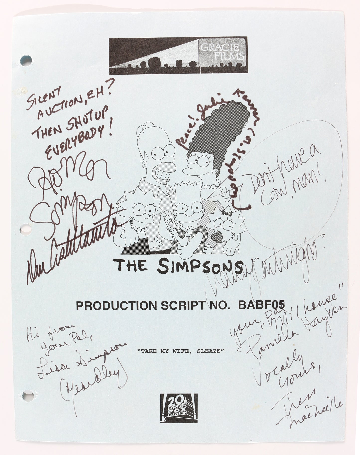 
                  
                    The Simpsons 'Take My Wife, Sleaze' Original Production Script Cast Signed by Dan Castellaneta, Nancy Cartwright, Julie Kavner, Yeardley Smith, Pamela Hayden, & Tress MacNeille
                  
                