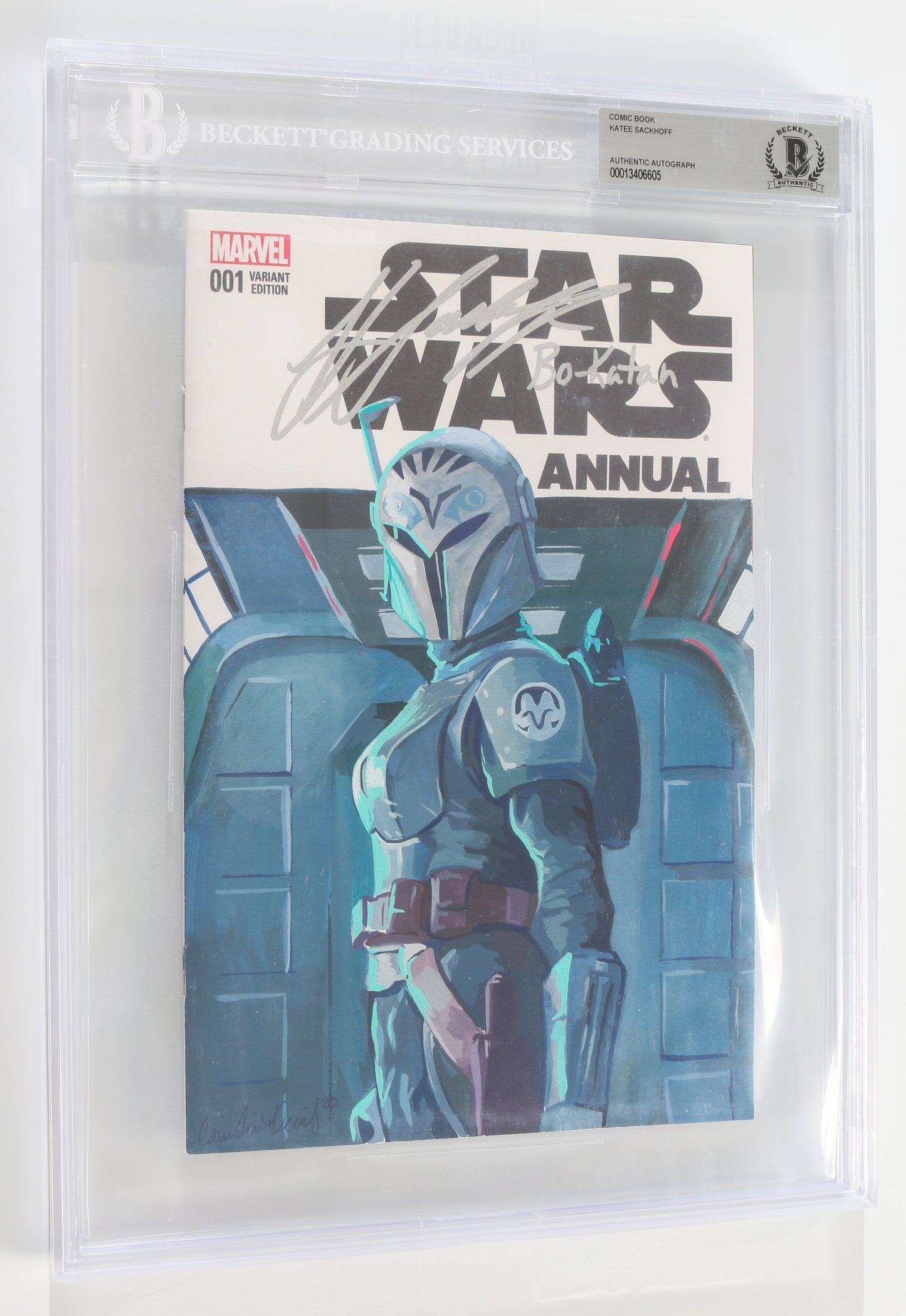 
                  
                    Star Wars Annual #1 Blank Variant Comic with Bo-Katan Painted Original Art by Candice Dailey (Beckett Slabbed) Signed by Katee Sackhoff with Character Name
                  
                
