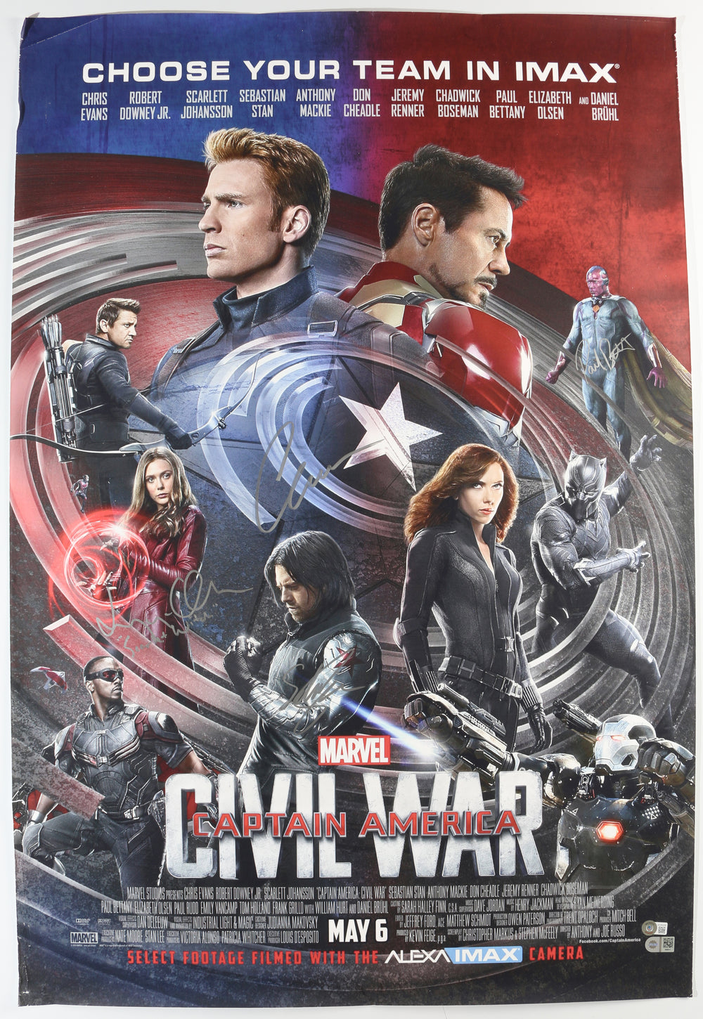 Captain America: Civil War 27x40 Poster (SWAU / Beckett) Cast Signed by Chris Evans, Elizabeth Olsen, Sebastian Stan, & Paul Bettany with Character Name
