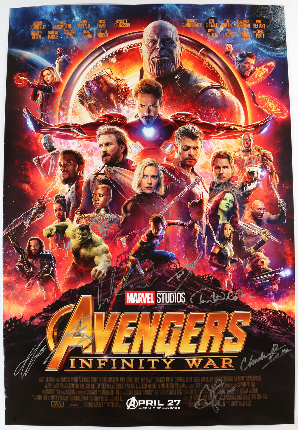 Avengers: Infinity War 27x40 Poster Signed by Chadwick Boseman, Paul Bettany, Elizabeth Olsen, Josh Brolin, Anthony Mackie, Sebastian Stan, Dania Gurira, Letitia Wright, Mark Ruffalo, Tom Holland, Don Cheadle, Chris Pratt, Tom Hiddleston, & Winston Duke