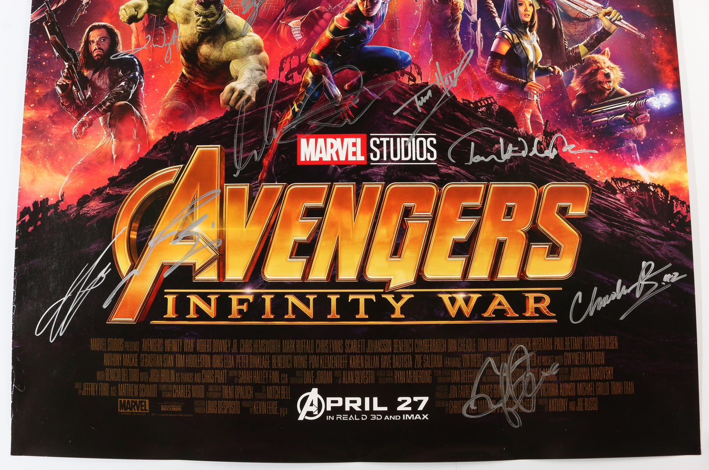 
                  
                    Avengers: Infinity War 27x40 Poster Signed by Chadwick Boseman, Paul Bettany, Elizabeth Olsen, Josh Brolin, Anthony Mackie, Sebastian Stan, Dania Gurira, Letitia Wright, Mark Ruffalo, Tom Holland, Don Cheadle, Chris Pratt, Tom Hiddleston, & Winston Duke
                  
                