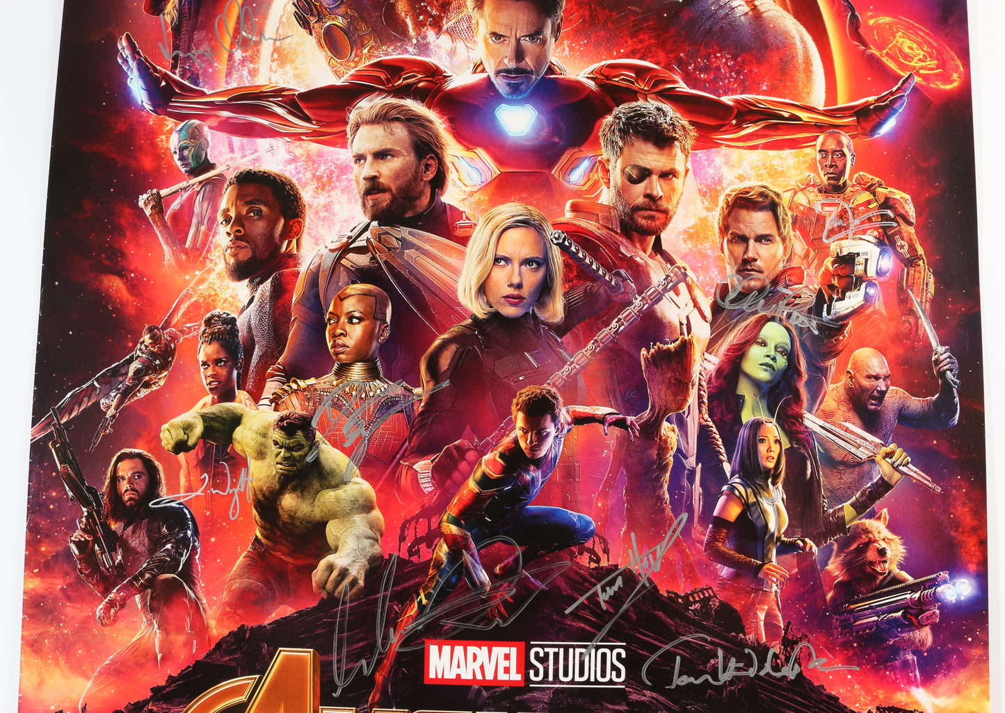 
                  
                    Avengers: Infinity War 27x40 Poster Signed by Chadwick Boseman, Paul Bettany, Elizabeth Olsen, Josh Brolin, Anthony Mackie, Sebastian Stan, Dania Gurira, Letitia Wright, Mark Ruffalo, Tom Holland, Don Cheadle, Chris Pratt, Tom Hiddleston, & Winston Duke
                  
                