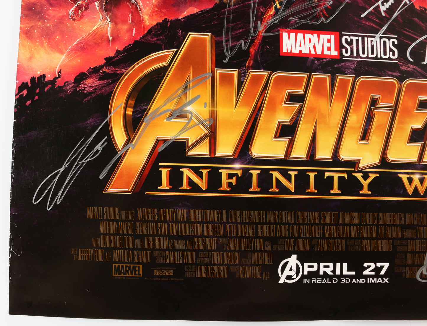 
                  
                    Avengers: Infinity War 27x40 Poster Signed by Chadwick Boseman, Paul Bettany, Elizabeth Olsen, Josh Brolin, Anthony Mackie, Sebastian Stan, Dania Gurira, Letitia Wright, Mark Ruffalo, Tom Holland, Don Cheadle, Chris Pratt, Tom Hiddleston, & Winston Duke
                  
                