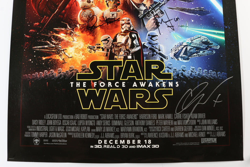 
                  
                    Star Wars: The Force Awakens 27x40 Poster Cast Signed by Harrison Ford, Carrie Fisher, Adam Driver, Daisy Ridley, John Boyega, Oscar Isaac, Lupita Nyongo, & Gwendoline Christie
                  
                