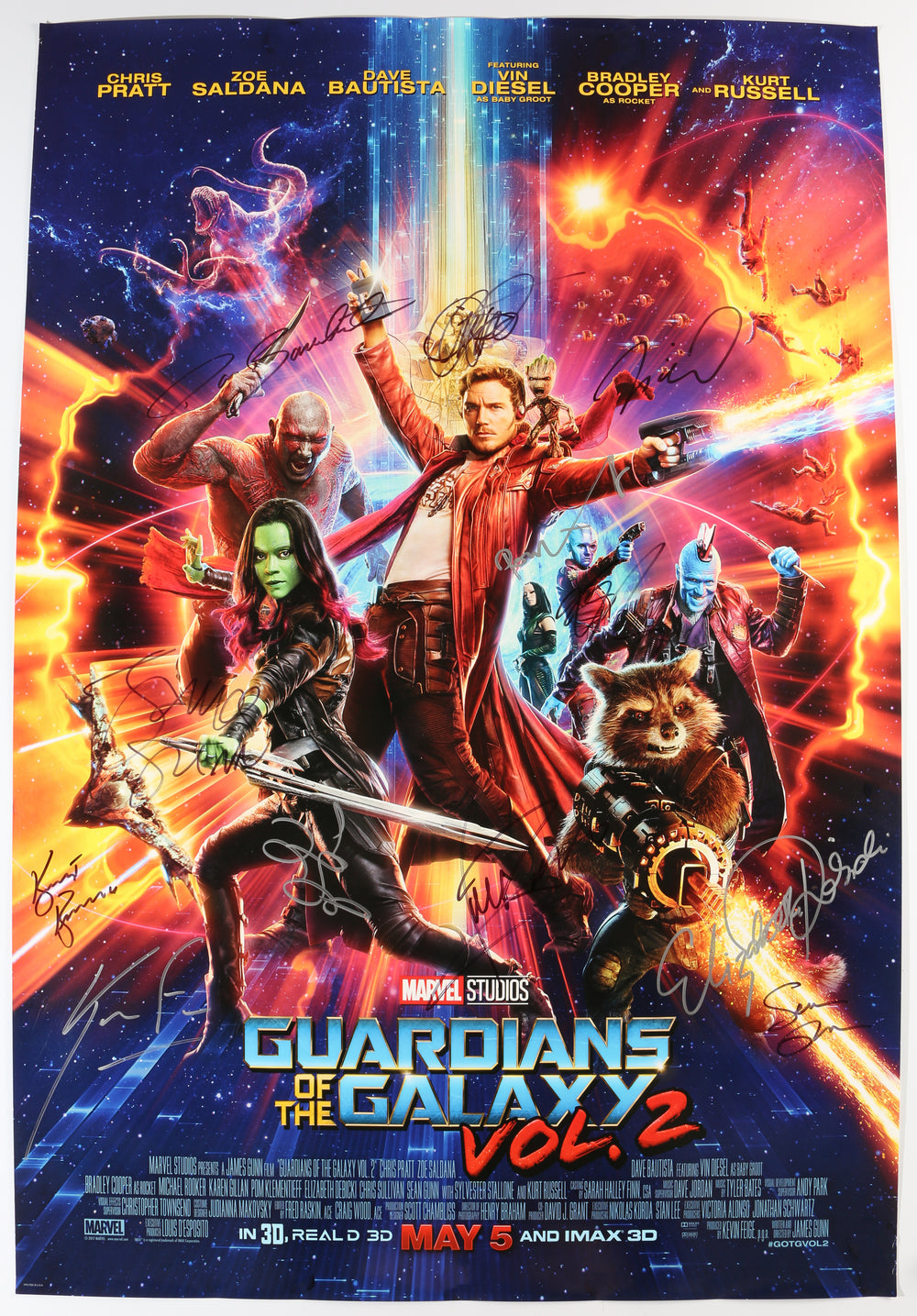 Guardians of the Galaxy Vol. 2 27x40 Poster Cast Signed by Chris Pratt, Vin Diesel, Dave Bautista, Zoe Saldana, Sean Gunn, Karen Gillan, Michael Rooker, Pom Klementieff, Elizabeth Debicki, Kevin Feige, James Gunn, & Kurt Russell