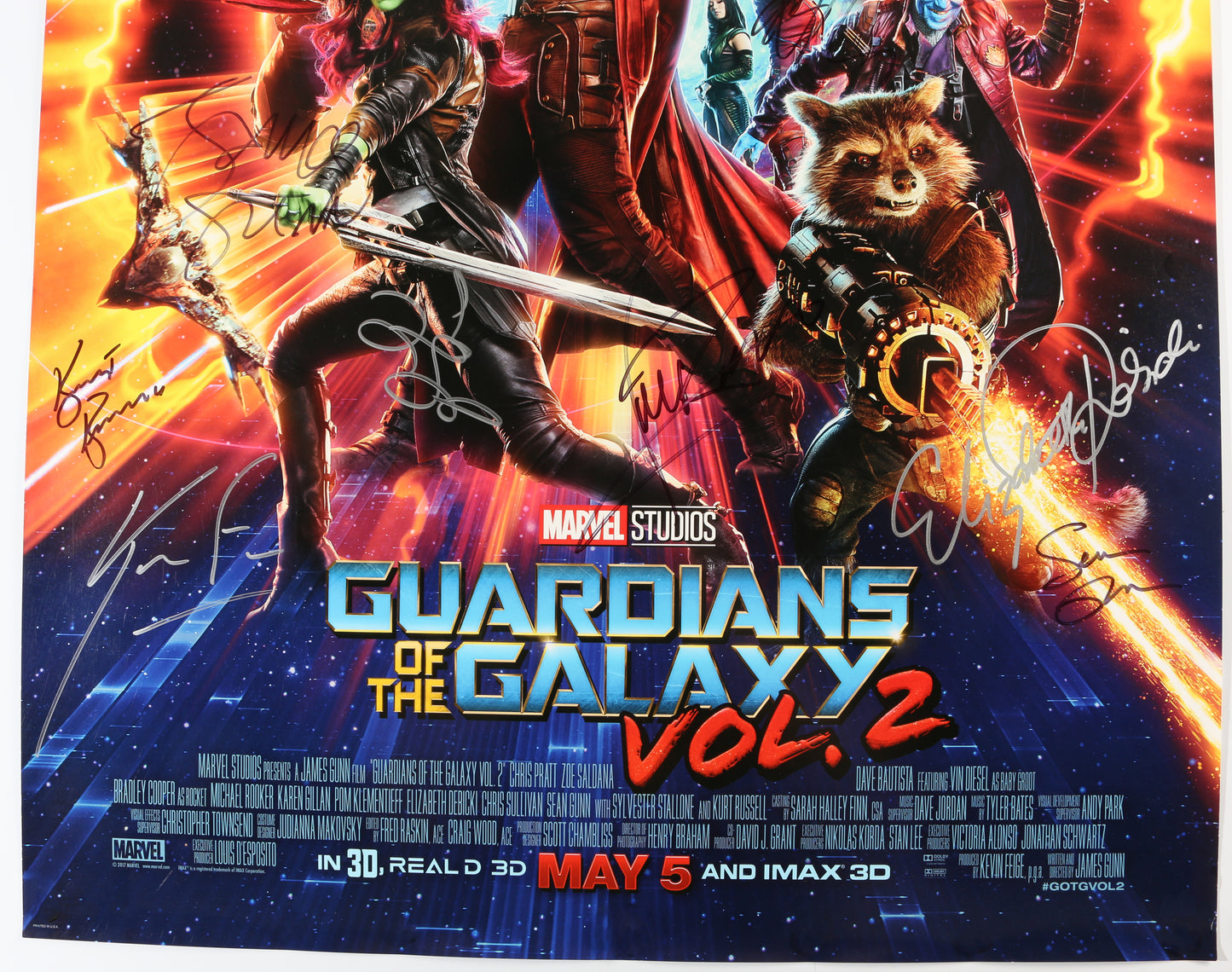 
                  
                    Guardians of the Galaxy Vol. 2 27x40 Poster Cast Signed by Chris Pratt, Vin Diesel, Dave Bautista, Zoe Saldana, Sean Gunn, Karen Gillan, Michael Rooker, Pom Klementieff, Elizabeth Debicki, Kevin Feige, James Gunn, & Kurt Russell
                  
                