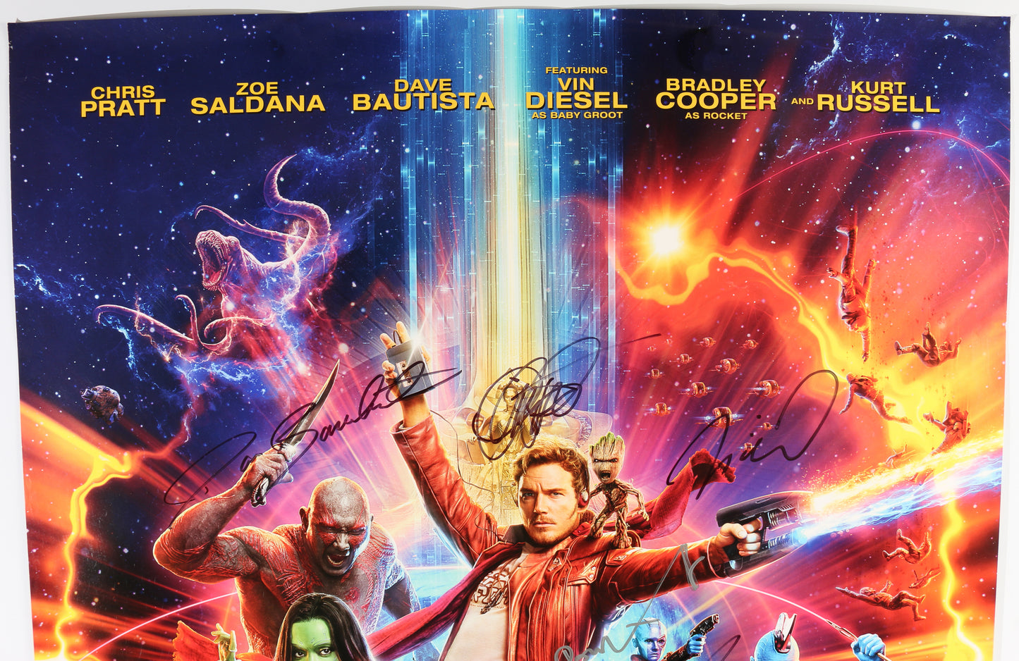 
                  
                    Guardians of the Galaxy Vol. 2 27x40 Poster Cast Signed by Chris Pratt, Vin Diesel, Dave Bautista, Zoe Saldana, Sean Gunn, Karen Gillan, Michael Rooker, Pom Klementieff, Elizabeth Debicki, Kevin Feige, James Gunn, & Kurt Russell
                  
                