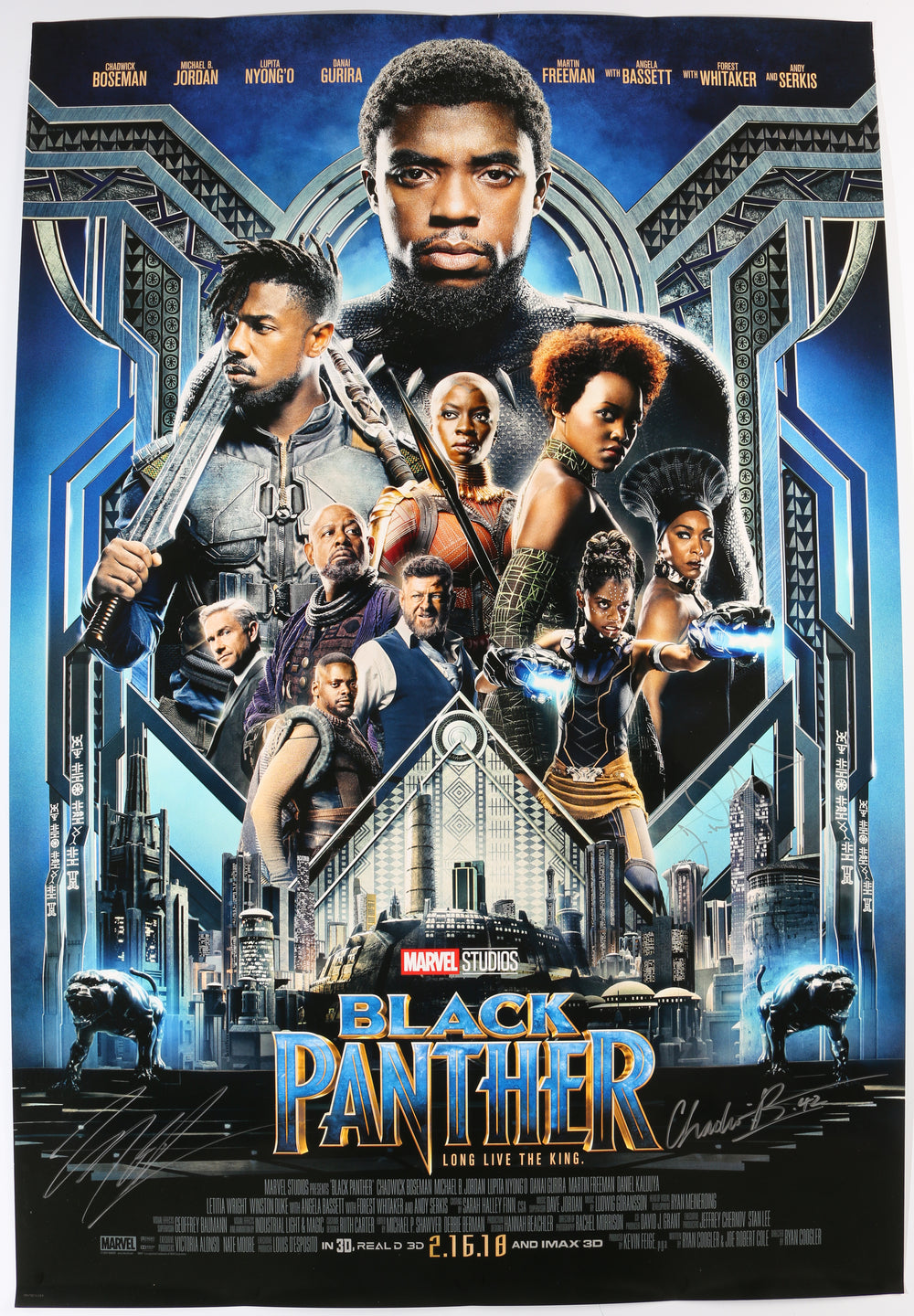Chadwick Boseman as T'Challa, Letitia Wright as Shuri, & Michael B. Jordan as Killmonger in Marvel's Black Panther Signed 27x40 Poster