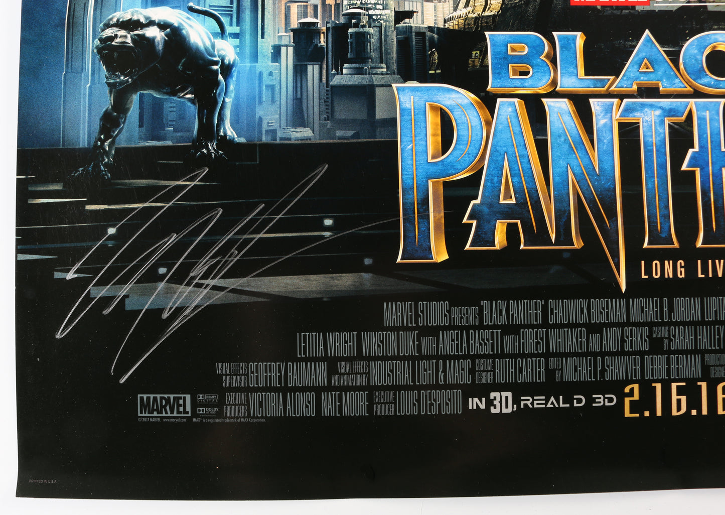 
                  
                    Chadwick Boseman as T'Challa, Letitia Wright as Shuri, & Michael B. Jordan as Killmonger in Marvel's Black Panther Signed 27x40 Poster
                  
                