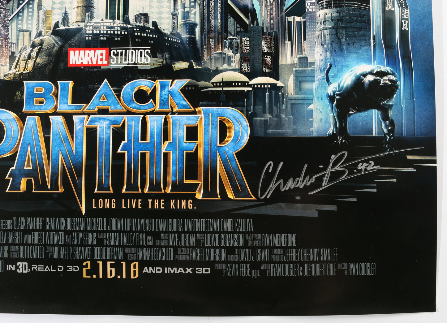
                  
                    Chadwick Boseman as T'Challa, Letitia Wright as Shuri, & Michael B. Jordan as Killmonger in Marvel's Black Panther Signed 27x40 Poster
                  
                