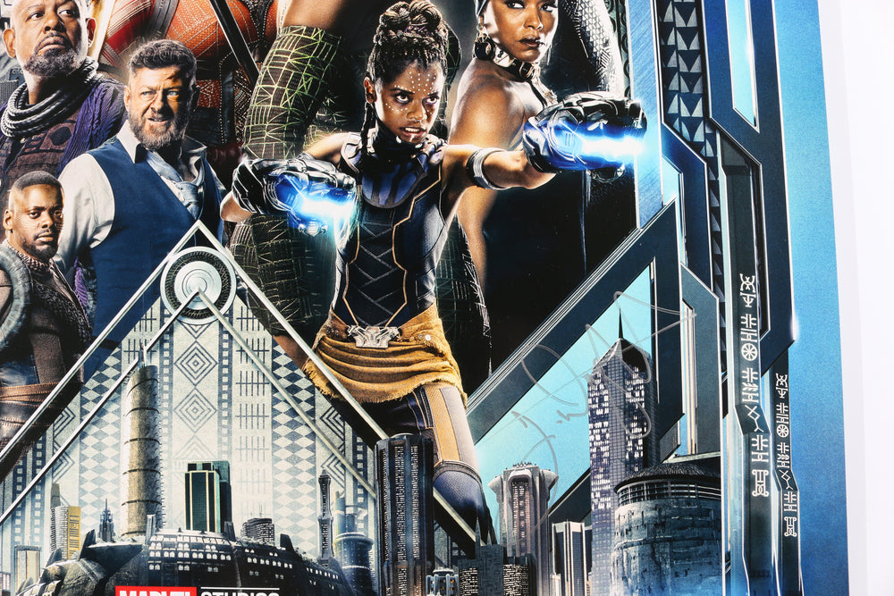 
                  
                    Chadwick Boseman as T'Challa, Letitia Wright as Shuri, & Michael B. Jordan as Killmonger in Marvel's Black Panther Signed 27x40 Poster
                  
                