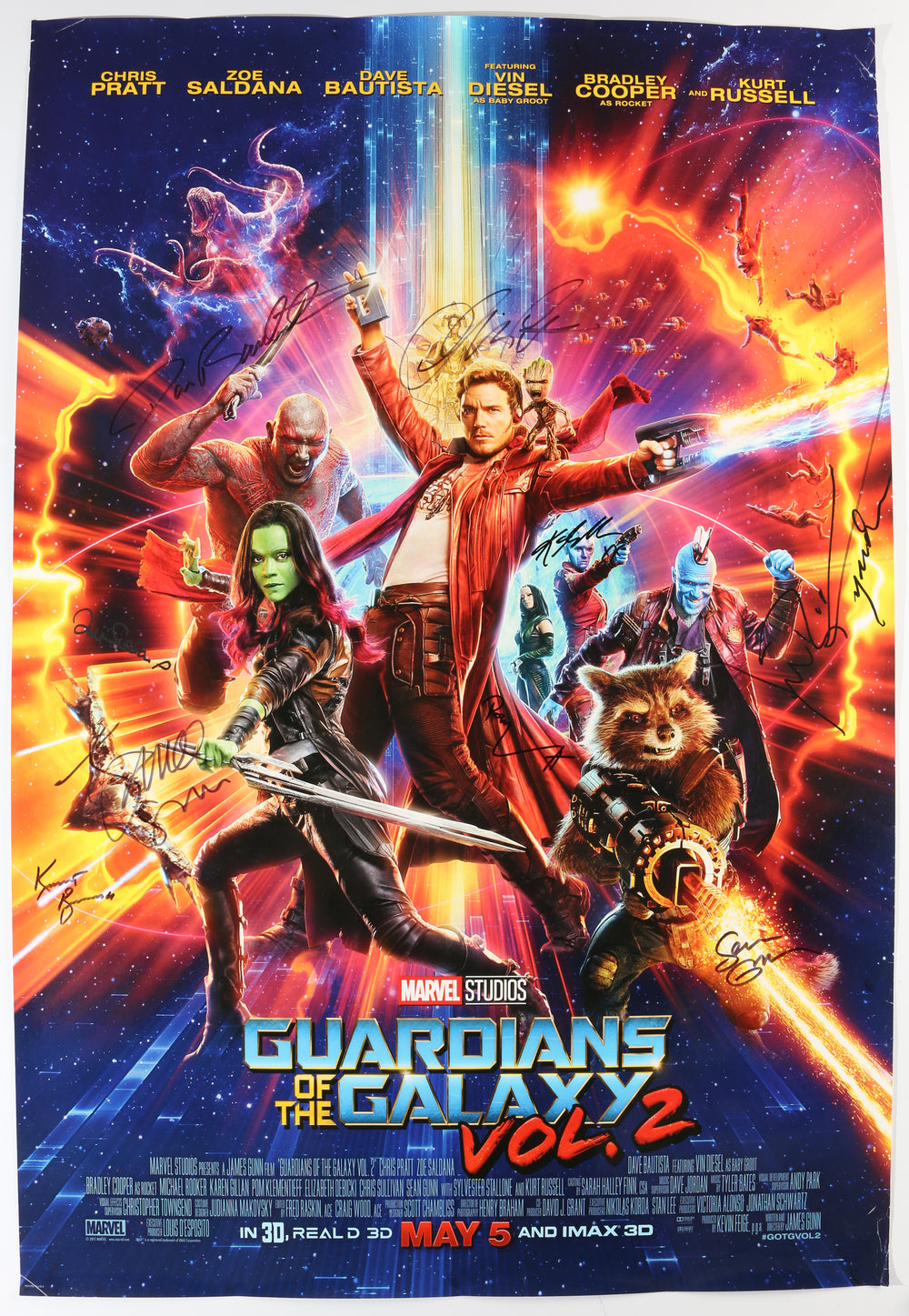 Guardians of the Galaxy Vol. 2 27x40 Poster (SWAU / Beckett Witnessed) Cast Signed by Chris Pratt, Zoe Saldana, Dave Bautista, Sean Gunn, Karen Gillan, Michael Rooker, Pom Klementieff, James Gunn, & Kurt Russell