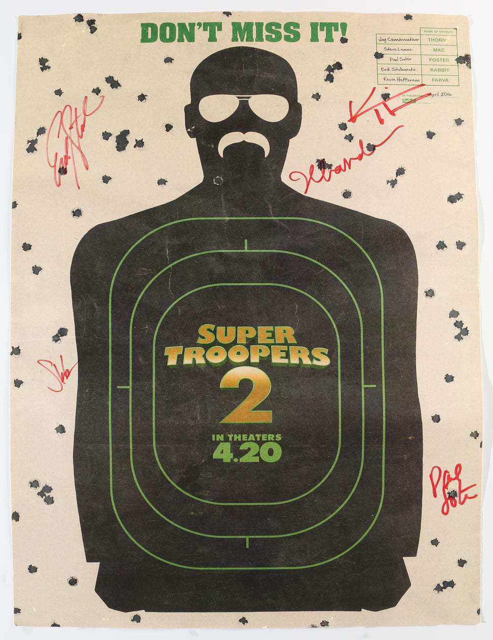 Super Troopers 2 18x24 Poster Cast Signed by Jay Chandrasekhar, Kevin Hefferman, Steve Lemme, & Paul Soter