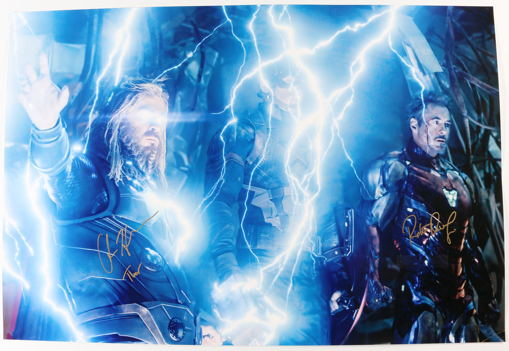 Robert Downey Jr. as Iron Man & Chris Hemsworth as Thor in Avengers: Endgame Signed 20x30 Poster with Character Name