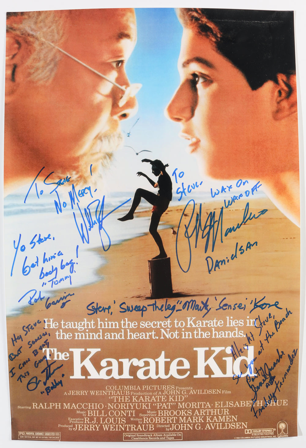 Karate Kid 18x24 Mini Poster Cast Signed by Ralph Machio, William Zabka, Rob Garrison, Ron Thomas, Israel Juarbe, & Martin Kove with Character Names & Quotes
