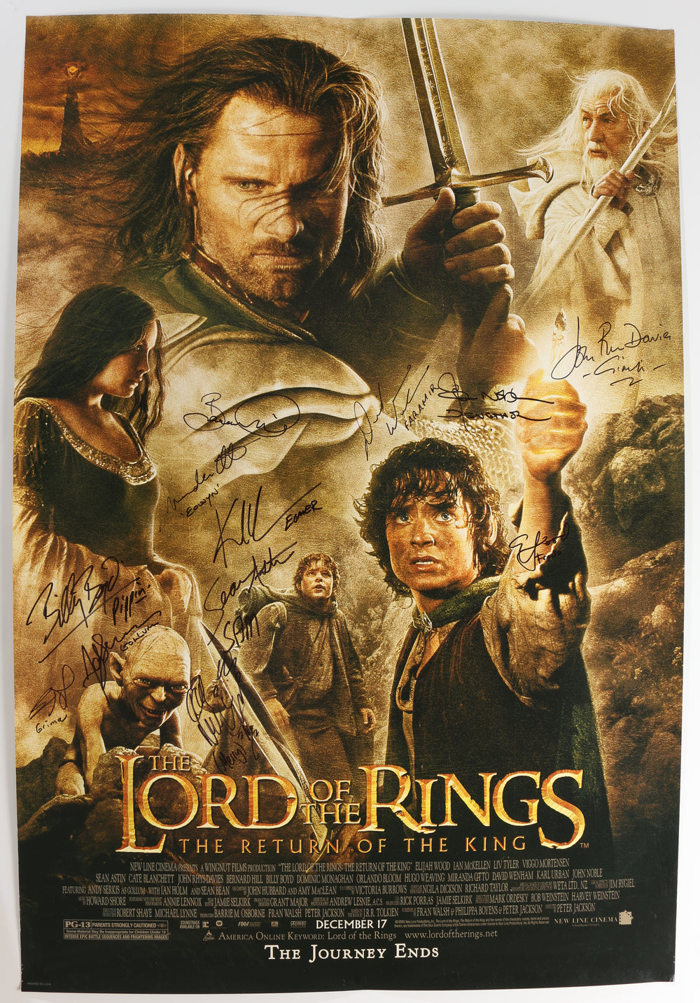 The Lord of the Rings: The Return of the King 27x40 Double Sided Poster Cast Signed by Elijah Wood, Sean Astin, Dominic Monaghan, Billy Boyd, David Wenham, Bernard Hill, Miranda Otto, Andy Serkis, Brad Dourif, Karl Urban, John Noble, & John Rhys-Davies