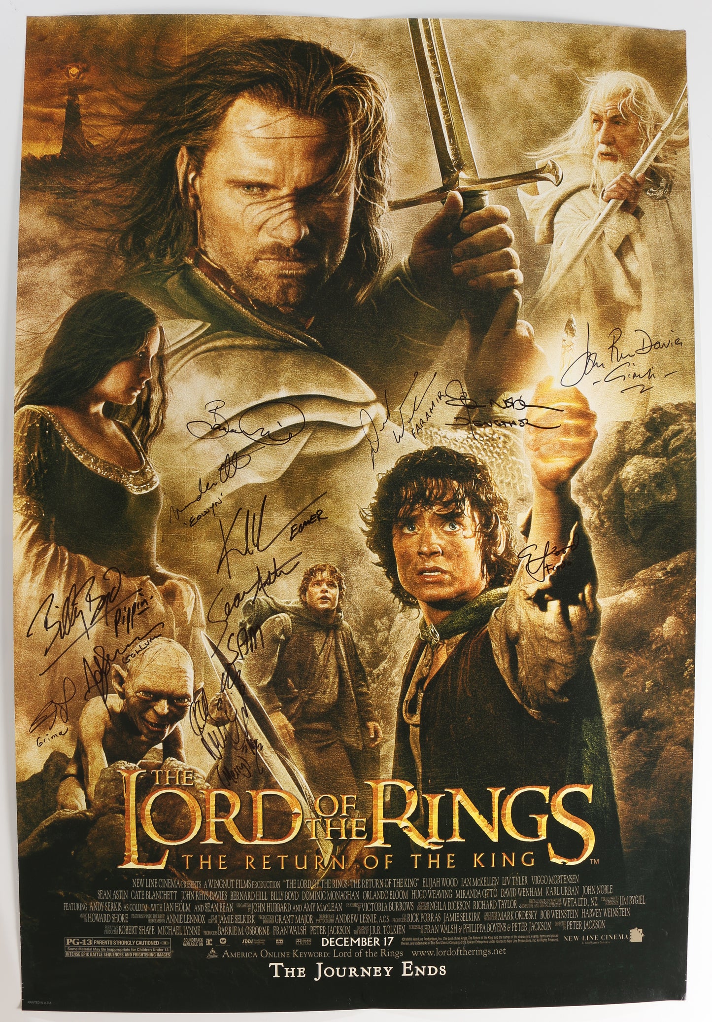 
                  
                    The Lord of the Rings: The Return of the King 27x40 Double Sided Poster Cast Signed by Elijah Wood, Sean Astin, Dominic Monaghan, Billy Boyd, David Wenham, Bernard Hill, Miranda Otto, Andy Serkis, Brad Dourif, Karl Urban, John Noble, & John Rhys-Davies
                  
                