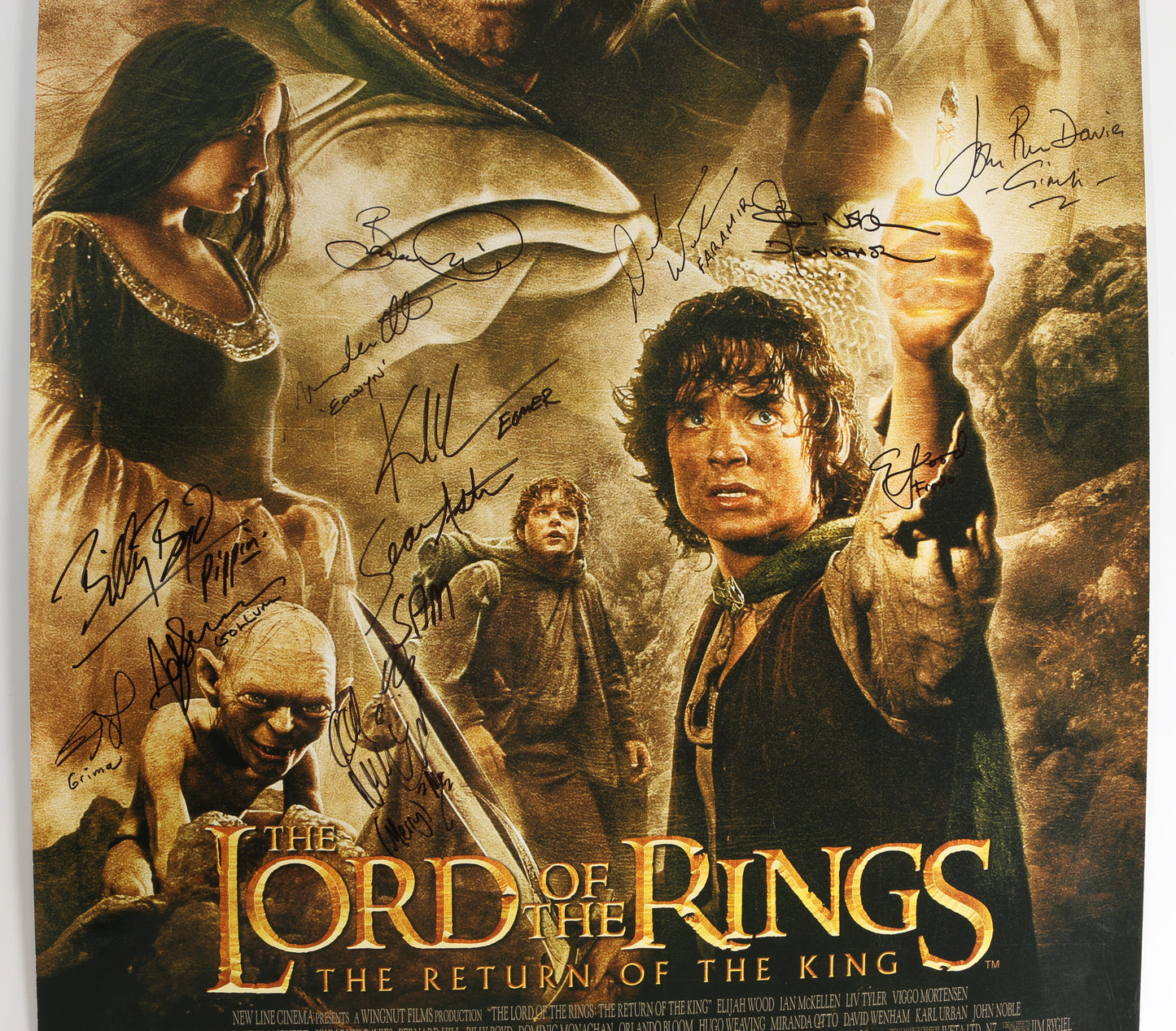 
                  
                    The Lord of the Rings: The Return of the King 27x40 Double Sided Poster Cast Signed by Elijah Wood, Sean Astin, Dominic Monaghan, Billy Boyd, David Wenham, Bernard Hill, Miranda Otto, Andy Serkis, Brad Dourif, Karl Urban, John Noble, & John Rhys-Davies
                  
                