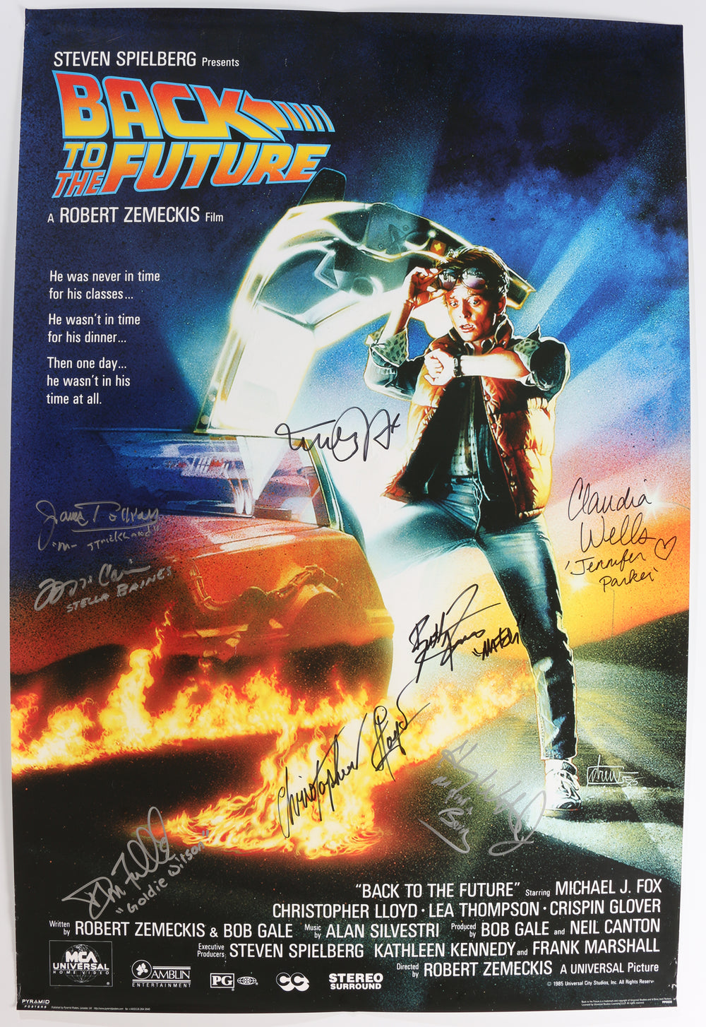Back to the Future Reproduction 24x36 Poster Cast Signed by Michael J. Fox, Christopher Lloyd, Claudia Wells, Don Fullilove, Frances Lee McCain, Billy Zane, James Tolkan, and Harry Waters Jr .