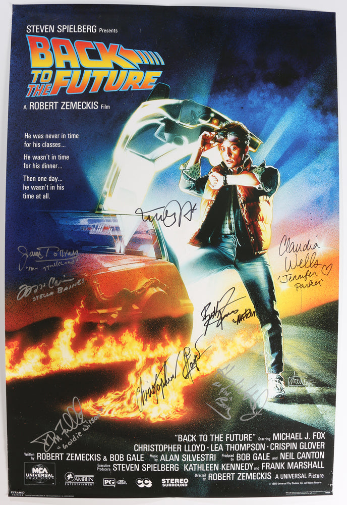 
                  
                    Back to the Future Reproduction 24x36 Poster Cast Signed by Michael J. Fox, Christopher Lloyd, Claudia Wells, Don Fullilove, Frances Lee McCain, Billy Zane, James Tolkan, and Harry Waters Jr .
                  
                