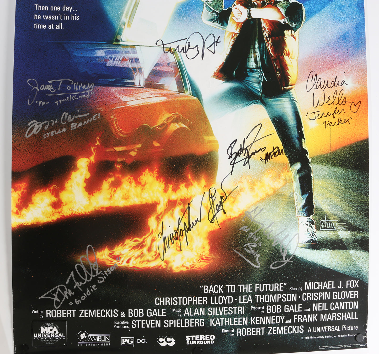 
                  
                    Back to the Future Reproduction 24x36 Poster Cast Signed by Michael J. Fox, Christopher Lloyd, Claudia Wells, Don Fullilove, Frances Lee McCain, Billy Zane, James Tolkan, and Harry Waters Jr .
                  
                