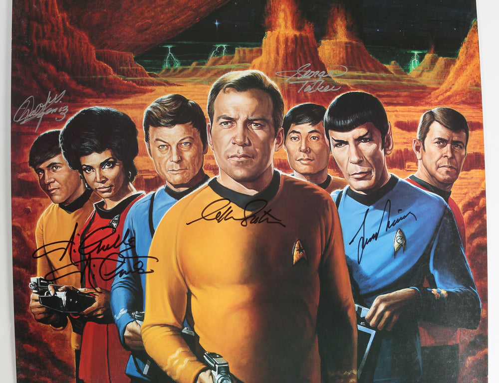 
                  
                    Star Trek: The Original Series 22x28 Poster Cast Signed by William Shatner, Leonard Nimoy, Walter Koenig, Nichelle Nichols, & George Takei
                  
                