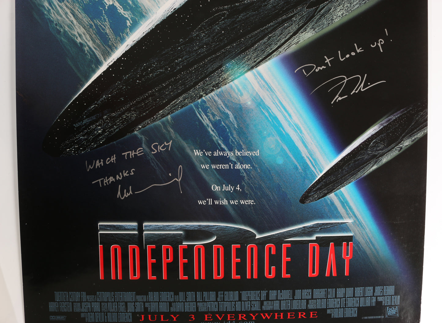 
                  
                    Independence Day 27x40 Poster (From the Collection of Famed Sound Recordist: Craig "Pup" Heath) Signed by Writer: Dean Devlin & Director: Roland Emmerich
                  
                