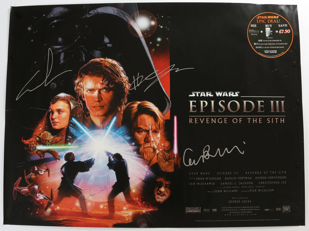 Star Wars Episode III: Revenge of the Sith 30x40 Quad Poster Cast Signed by Hayden Christensen, Ian McDiarmid, Anthony Daniels, & George Lucas