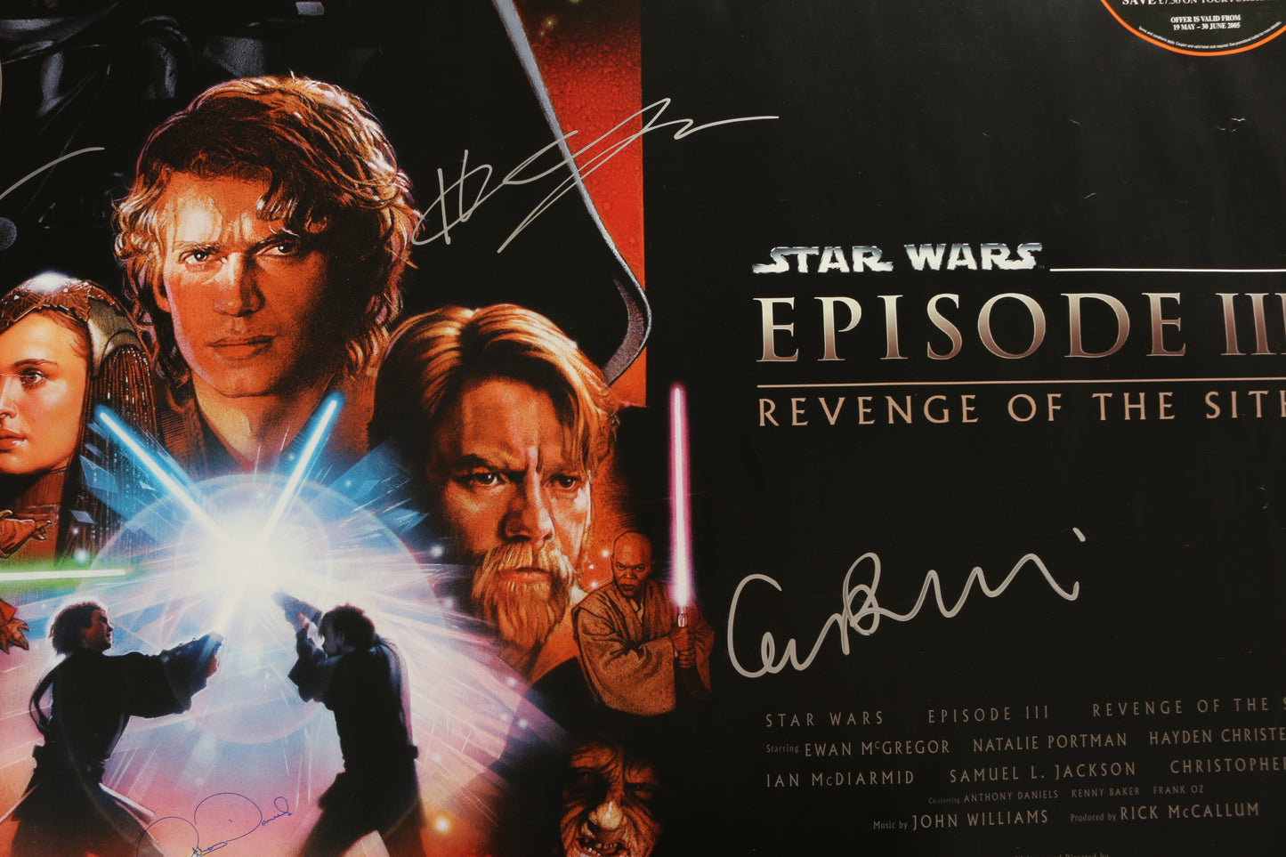 
                  
                    Star Wars Episode III: Revenge of the Sith 30x40 Quad Poster Cast Signed by Hayden Christensen, Ian McDiarmid, Anthony Daniels, & George Lucas
                  
                