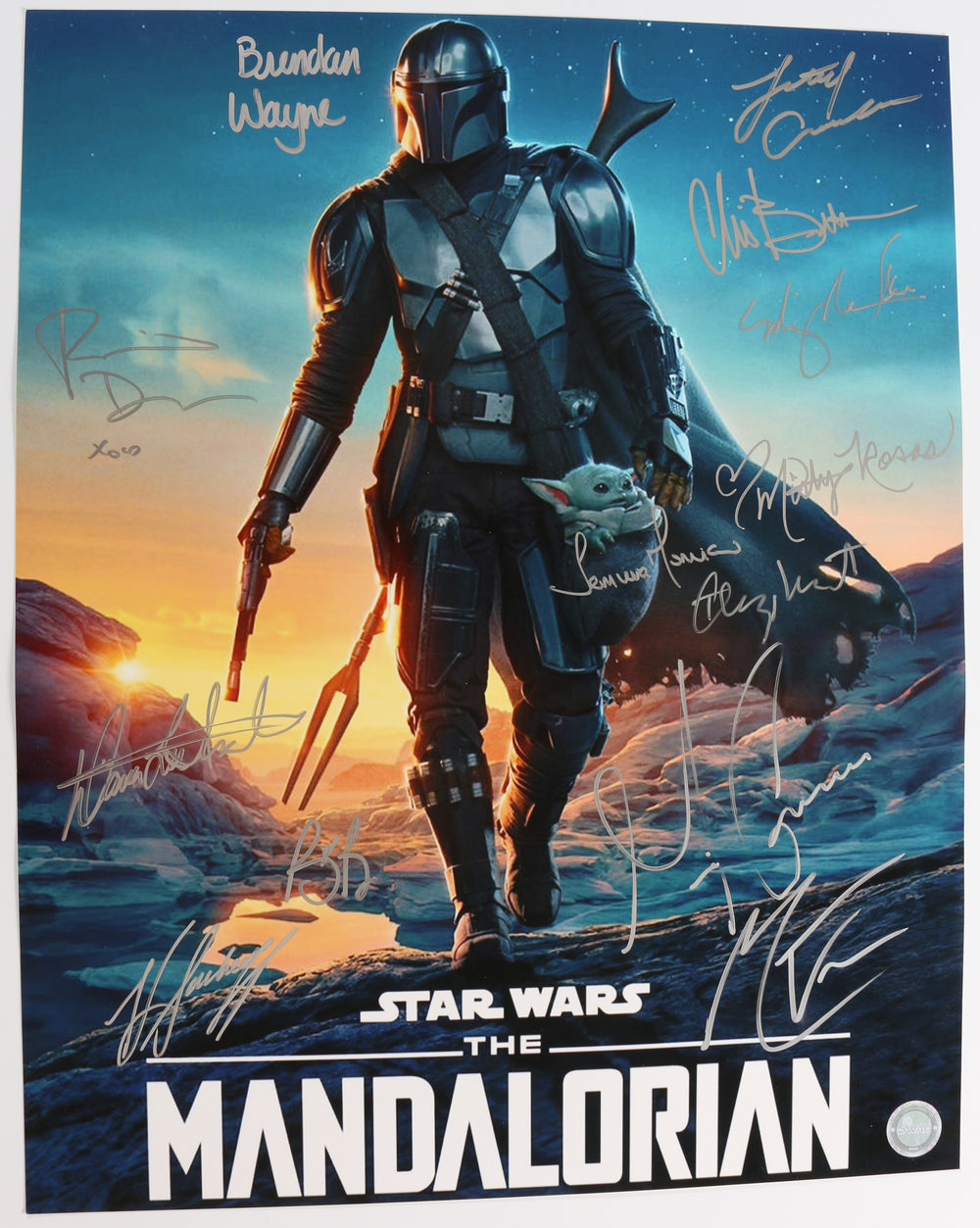Star Wars: The Mandalorian (SWAU) 16x20 Mini Poster Cast Signed by Brendan Wayne, Rosario Dawson, Lateef Crowder, Christopher Bartlett, Misty Rosas, Ming-Na Wen, Temura Morrison, Timothy Olyphant, Gina Carano, Bill Burr, and Others