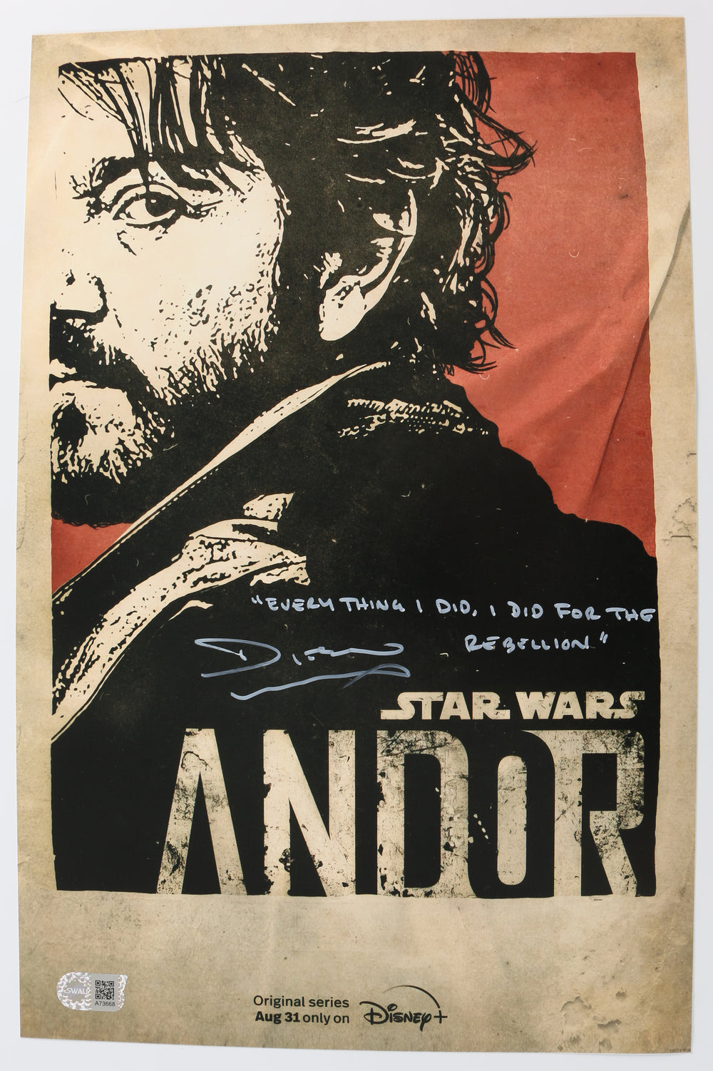 Diego Luna as Andor in Star Wars: Andor (SWAU) Signed 11x17 Mini Poster with Quote