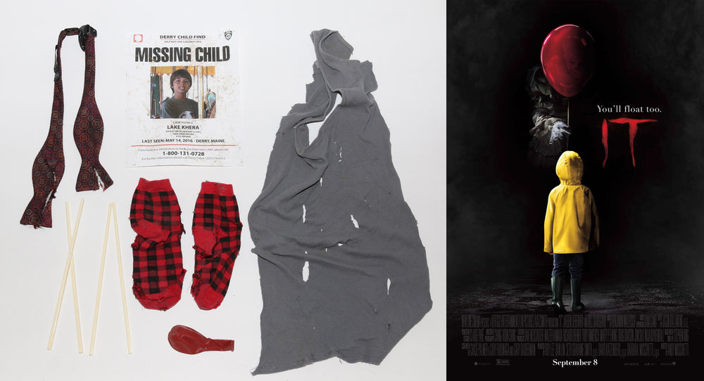 
                  
                    Stephen King's IT: Chapters 1 & 2 LOT - Children’s Clothing Eaten by the Creature Pennywise, Production Balloon, Distressed Missing Child Poster, & Chopsticks Movie Prop - 2017
                  
                