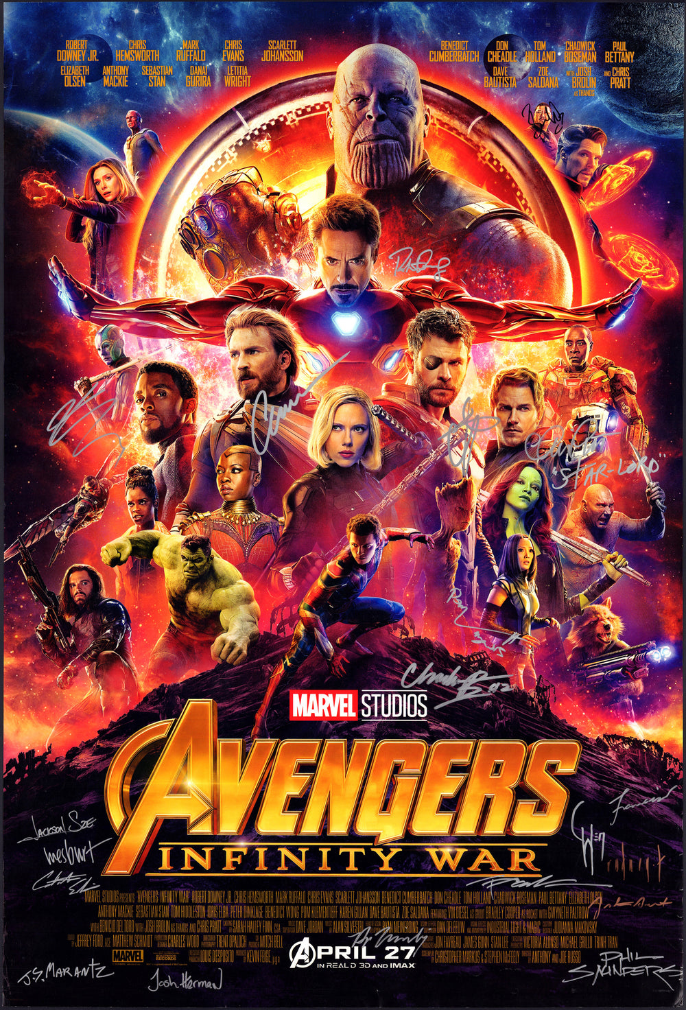Avengers: Infinity War 27x40 Poster Signed by Robert Downey Jr., Chris Evans, Chris Pratt, Chris Hemsworth, Karen Gillan, Pom Klementieff, Benedict Wong, & Chadwick Boseman