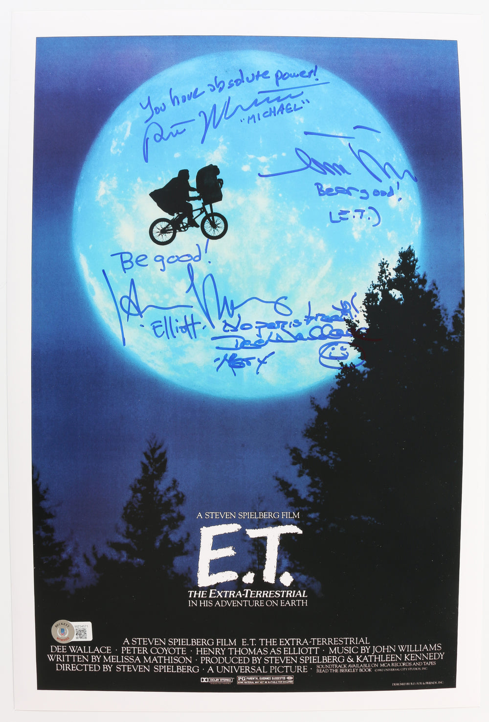 E.T. the Extra-Terrestrial (Beckett) 12x18 Mini Poster Cast Signed by Henry Thomas, Dee Wallace, Mathew DeMerett, and Robert MacNaughton