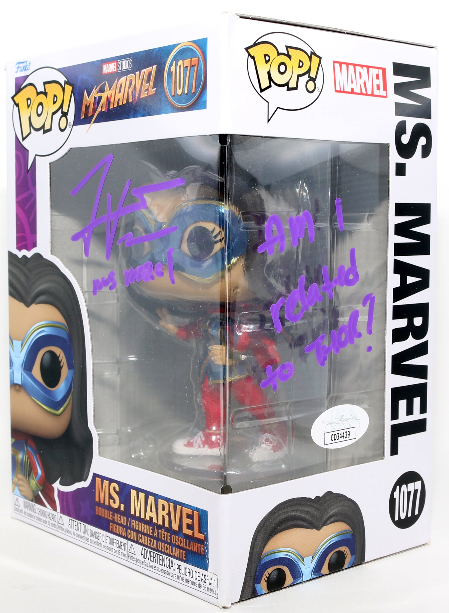 
                  
                    Iman Vellani as Kamala Khan in Ms. Marvel (JSA) Signed Funko POP! #1077 with Character Name & Quote
                  
                