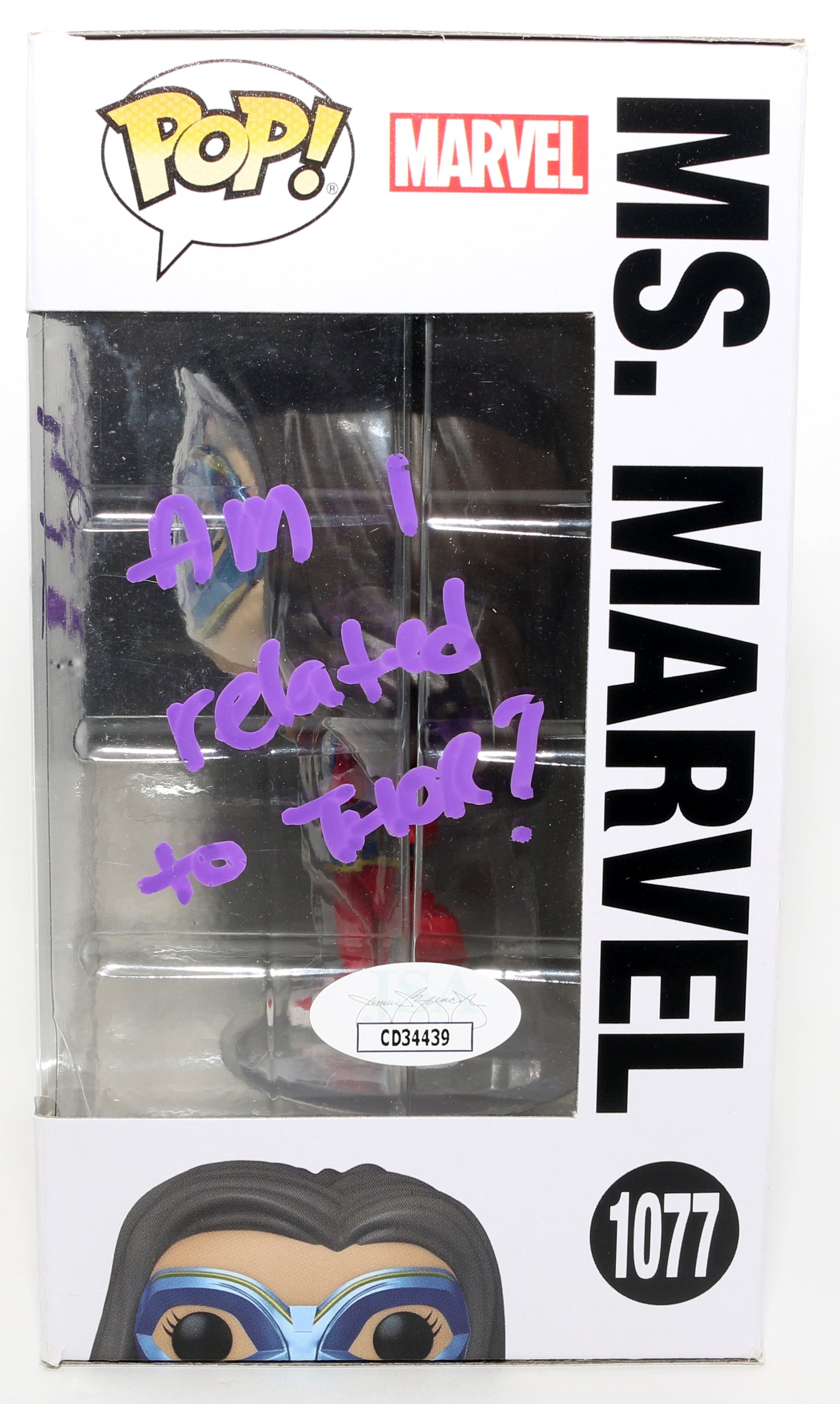 
                  
                    Iman Vellani as Kamala Khan in Ms. Marvel (JSA) Signed Funko POP! #1077 with Character Name & Quote
                  
                