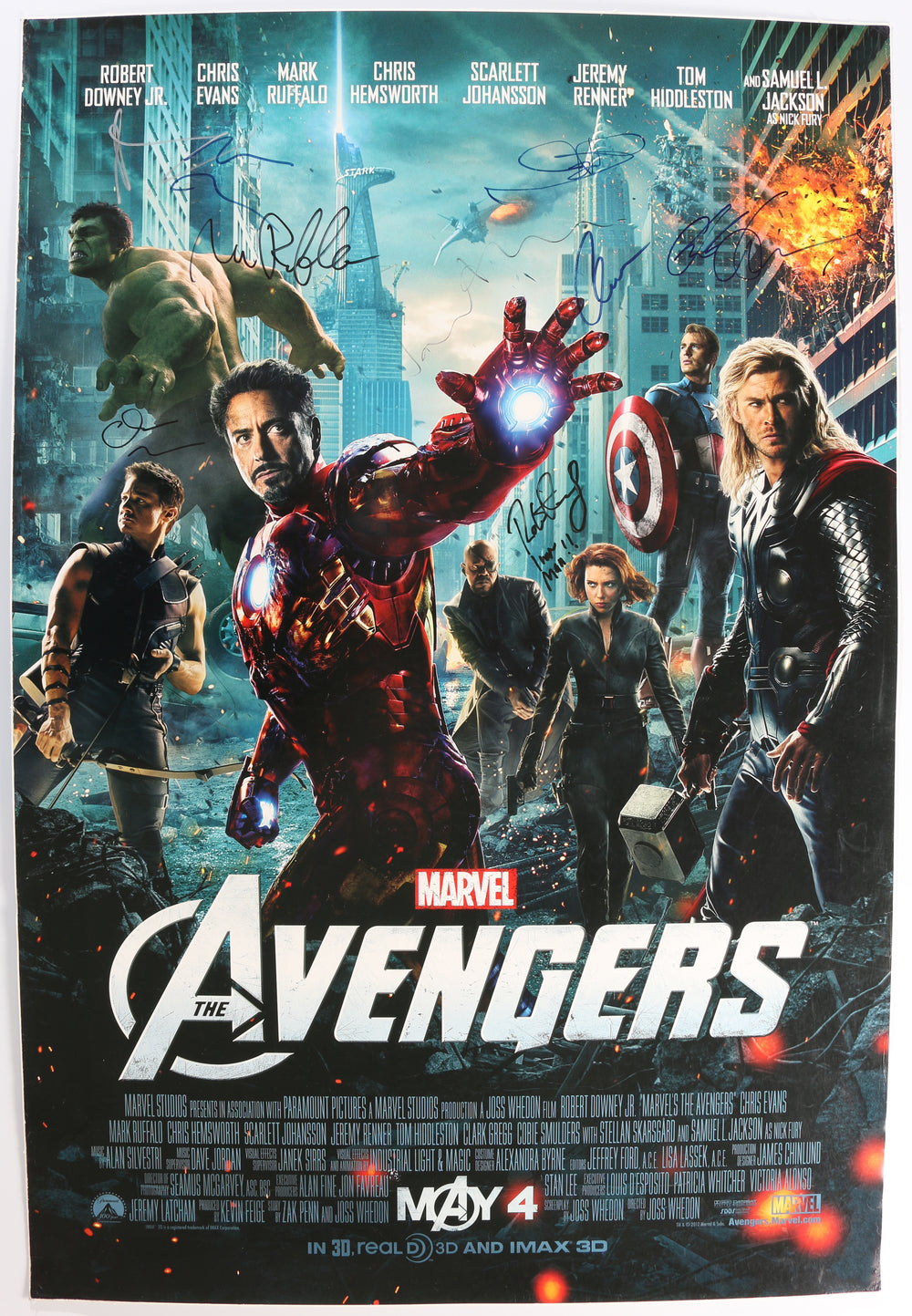 The Avengers 27x40 Double Sided Poster Cast Signed by Robert Downey Jr. with Iron Man Character Name, Chris Evans, Tom Hiddleston, Jeremy Renner, Mark Ruffalo, Chris Hemsworth, Cobie Smulders, & Clark Gregg