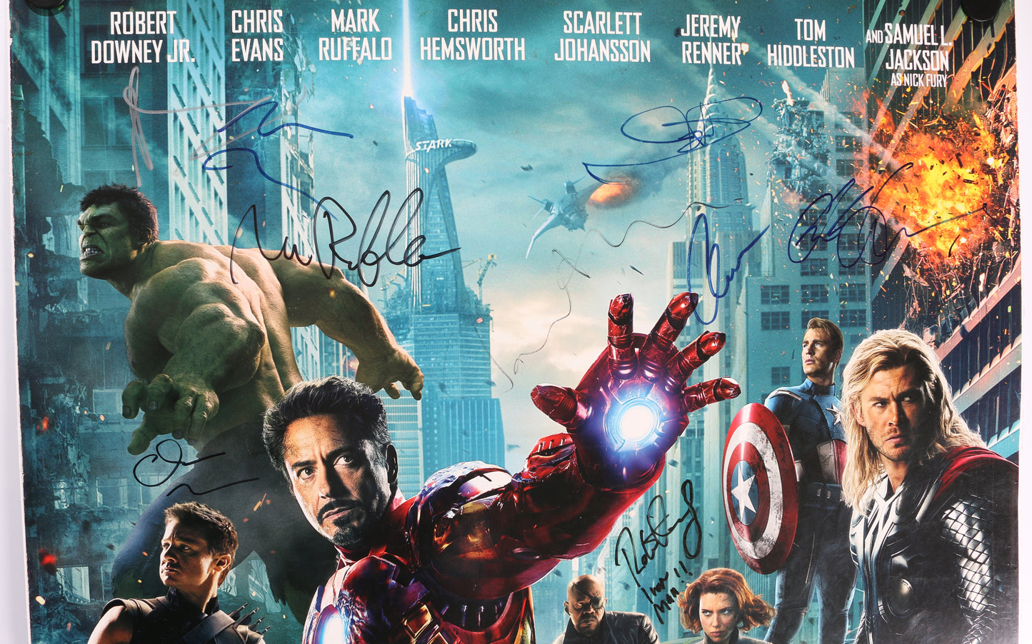 
                  
                    The Avengers 27x40 Double Sided Poster Cast Signed by Robert Downey Jr. with Iron Man Character Name, Chris Evans, Tom Hiddleston, Jeremy Renner, Mark Ruffalo, Chris Hemsworth, Cobie Smulders, & Clark Gregg
                  
                