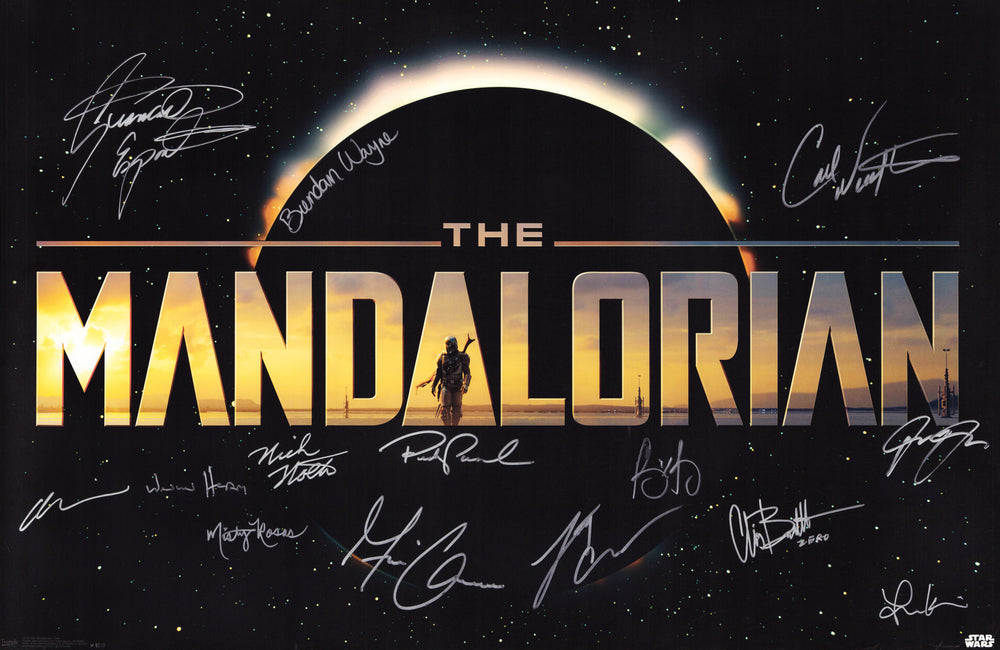 Star Wars: The Mandalorian 22x34 Poster Cast Signed by Pedro Pascal, Gina Carano, Giancarlo Esposito, Werner Herzog, Misty Rosas, Nick Nolte, Omid Abtahi, Julia Jones, Brendan Wayne, Bill Burr, Lateef Crowder, & Carl Weathers