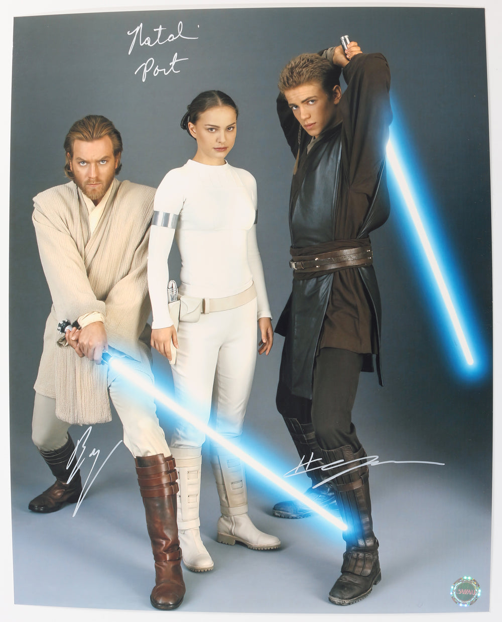 Ewan McGregor as Obi-Wan Kenobi, Natalie Portman as Padme Amidala, & Hayden Christensen as Anakin Skywalker in Star Wars Episode II: Attack of the Clones (SWAU) Signed 16x20 Photo