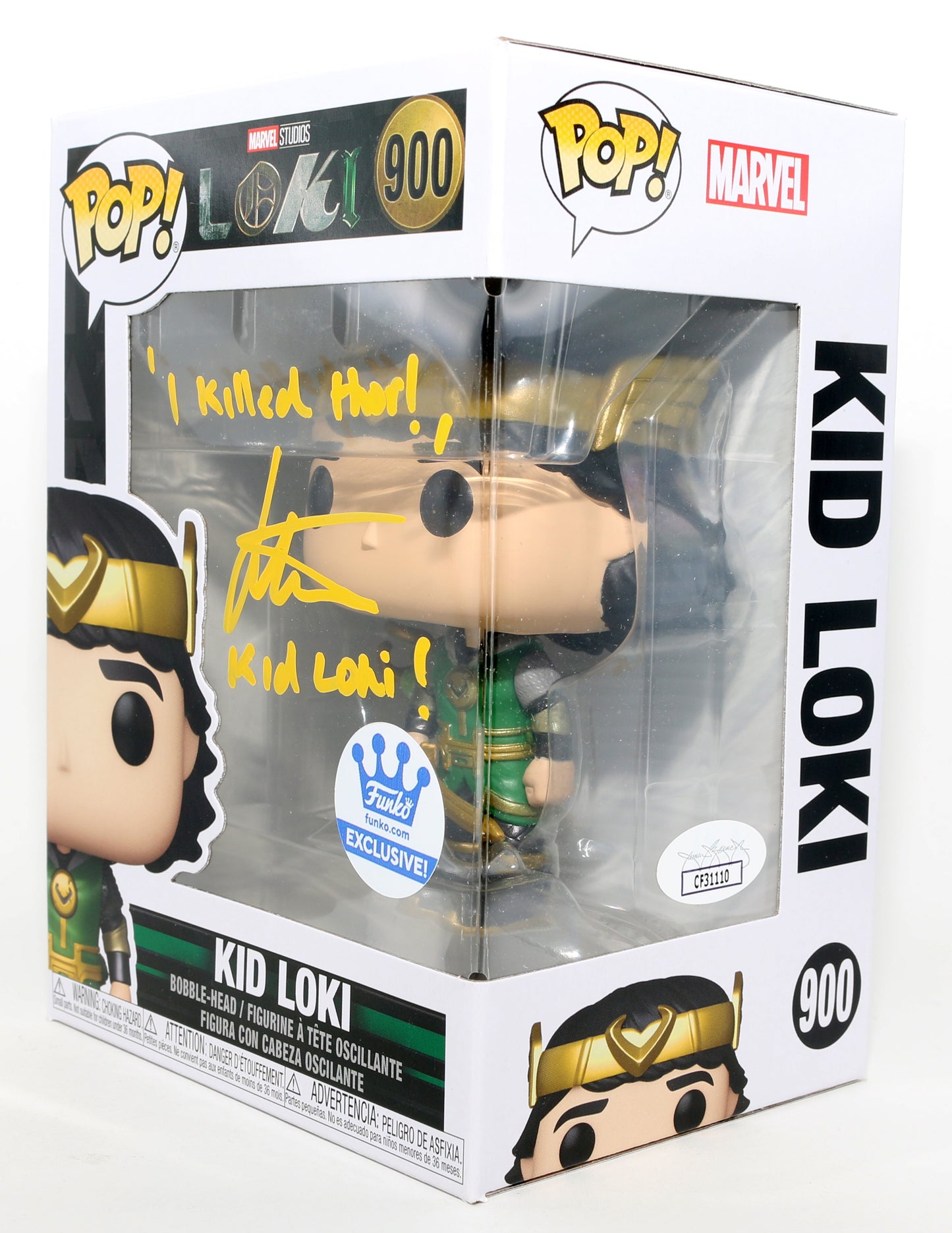 
                  
                    Jack Veal as Kid Loki in Loki Funko Store Exclusive (JSA) Signed Funko POP! #900 with Character Name & Quote
                  
                
